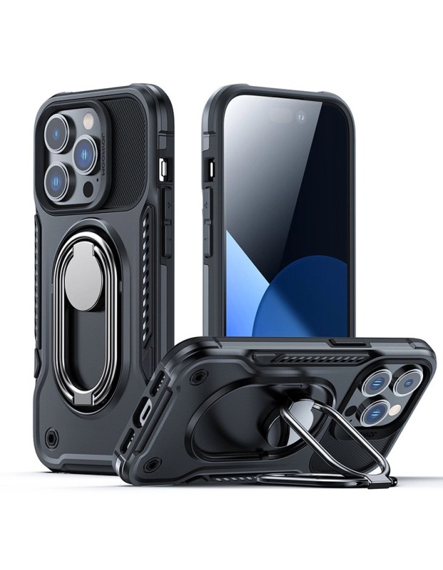 Joyroom Dual Hinge case for iPhone 14 Pro armored case with a stand and a ring holder black