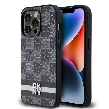 DKNY Leather Checkered Mono Pattern &amp;amp; Printed Stripes iPhone 14 Pro Case - Black