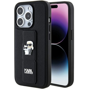 Karl Lagerfeld Gripstand Saffiano Karl&amp;amp;Choupette Pins case for iPhone 15 Pro - black