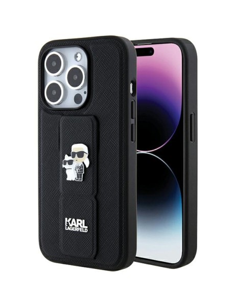 Karl Lagerfeld Gripstand Saffiano Karl&amp;amp;Choupette Pins case for iPhone 15 Pro - black