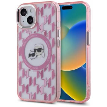 Karl Lagerfeld IML Monogram Karl &amp;amp; Choupette Head MagSafe iPhone 15 Plus Case - Pink