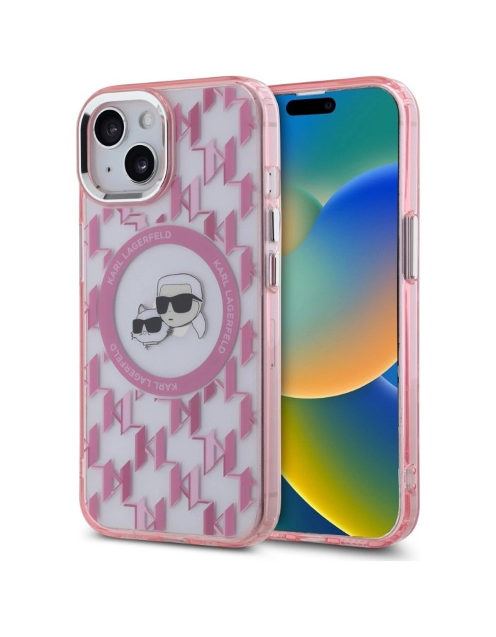 Karl Lagerfeld IML Monogram Karl &amp;amp; Choupette Head MagSafe iPhone 15 Plus Case - Pink