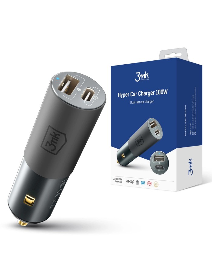 3mk Hyper Car Charger USB-C USB-A 100W - silver 3mk Hyper Car Charger USB-C USB-A 100W - silver