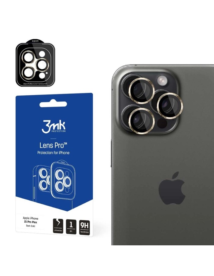 3mk Lens Protection Pro Camera Cover with Gold Frame for iPhone 15 Pro Max