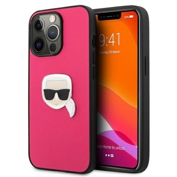 Karl Lagerfeld Leather Ikonik Karl&amp;#39;s Head Metal Case for iPhone 13 Pro / 13 6.1" - Pink