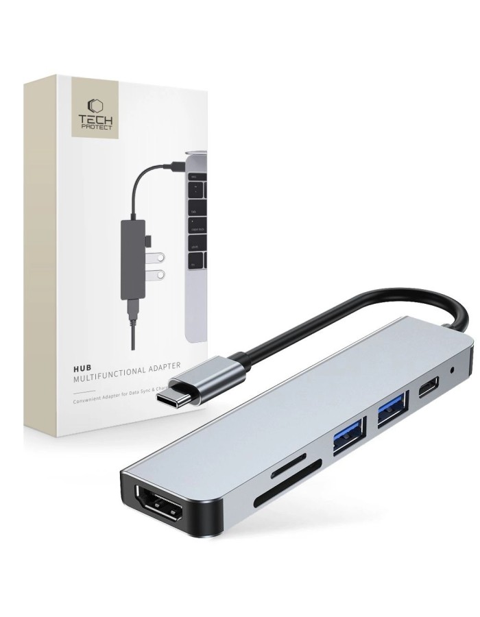 HUB Tech-Protect V4 6in1 USB-C - USB-A 3.0 / USB-A 2.0 / USB-C / HDMI / micro SD / TF / SD card reader - gray