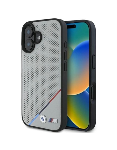 BMW M Perforated Tricolor Line MagSafe iPhone 16 Case - Gray