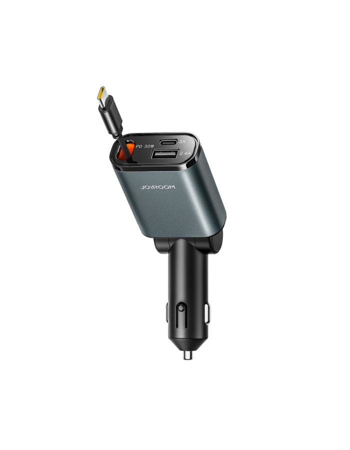Joyroom JR-CCL07 3-in-1 Car Charger with Built-in Retractable Cable - Dark Gray Joyroom JR-CCL07 3-in-1 Car Charger with Built-in Retractable Cable - Dark Gray