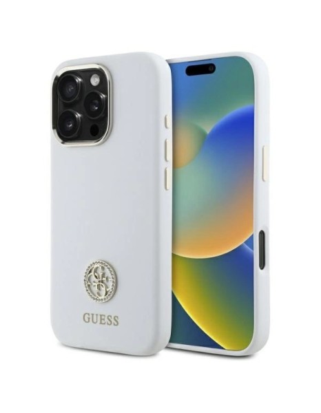 Guess Silicone Logo Strass 4G Case for iPhone 16 Pro Max - White
