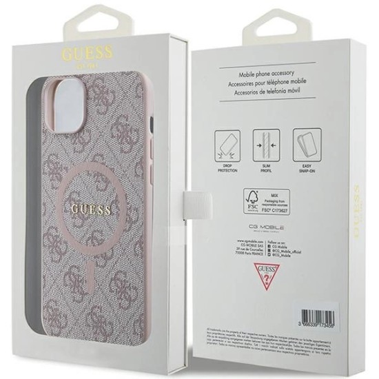 Guess 4G Collection Leather Metal Logo MagSafe Case for iPhone 14/15/13 - Pink