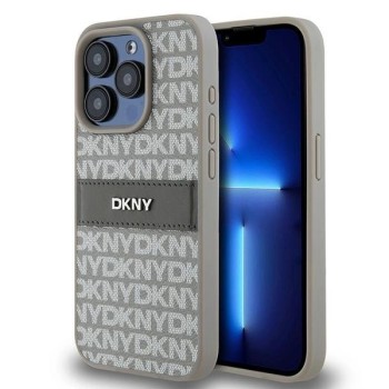 DKNY Leather Mono Stripe &amp;amp; Metal Logo case for iPhone 15 Pro - beige