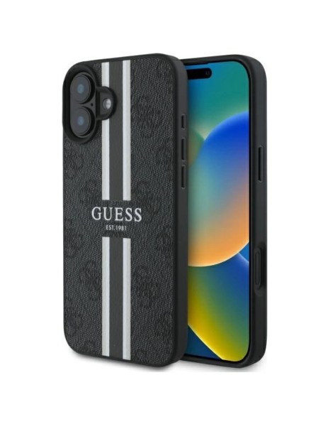 Guess 4G Printed Stripes MagSafe case for iPhone 16 - black Guess 4G Printed Stripes MagSafe case for iPhone 16 - black