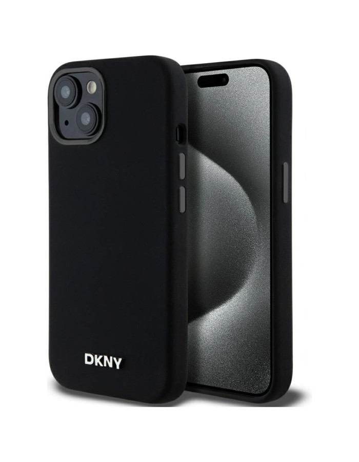 DKNY Liquid Silicone Small Metal Logo MagSafe Case for iPhone 14/15/13 - Black