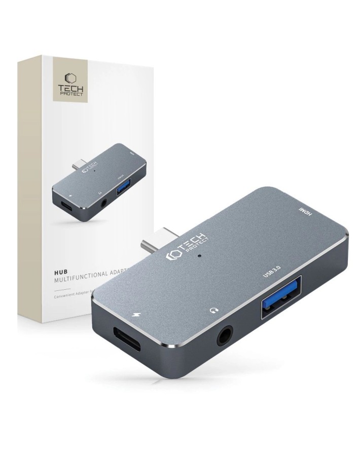 HUB Tech-Protect V6 4in1 USB-C - USB-A 3.0 / USB-C PD100W / HDMI / mini jack 3.5mm - gray