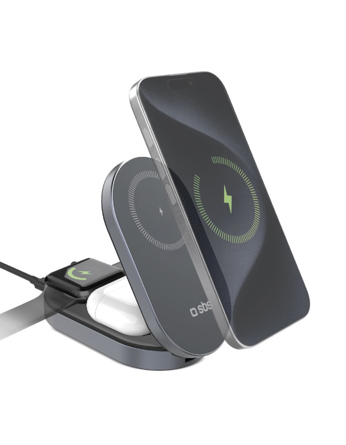 SBS 3-in-1 Foldable Wireless Charging Station QI2 MFI - Made for iPhone - Black