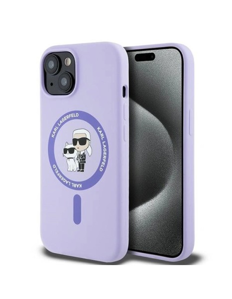 Karl Lagerfeld Silicone Karl&amp;amp;Choupette Heads Ring MagSafe iPhone 15 Case - Purple