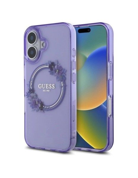 Guess IML Flowers Wreath MagSafe iPhone 16 Case - Purple