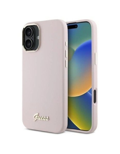 Guess Silicone Script Metal Logo &amp;amp; Frame iPhone 16 Plus Case - Pink