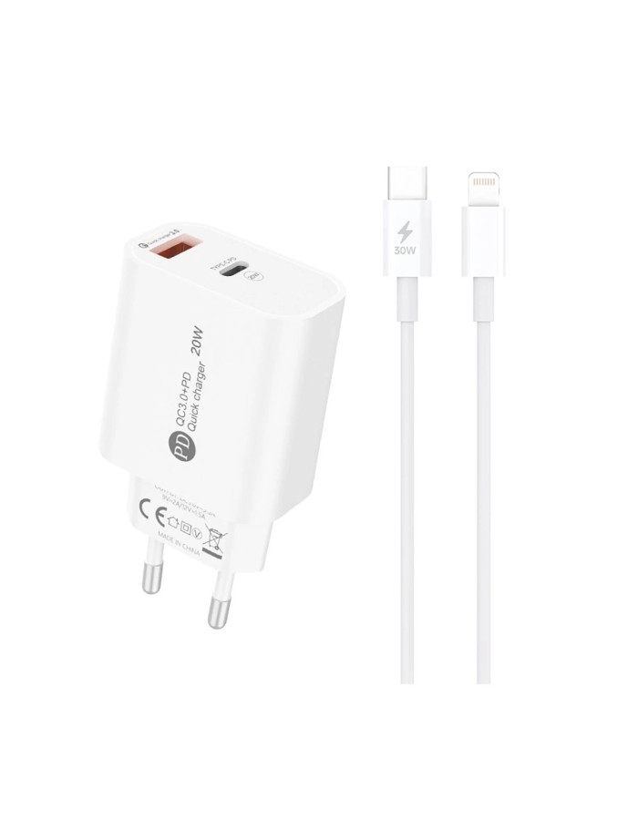 A6MaxL 20W USB-A USB-C Wall Charger with 1m USB-C - Lightning Cable - White