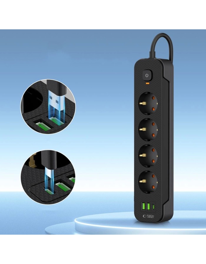 Tech-Protect PCL4X3 Power Strip 4 Sockets 240V + 2xUSB-A + 1xUSB-C 200 cm - Black