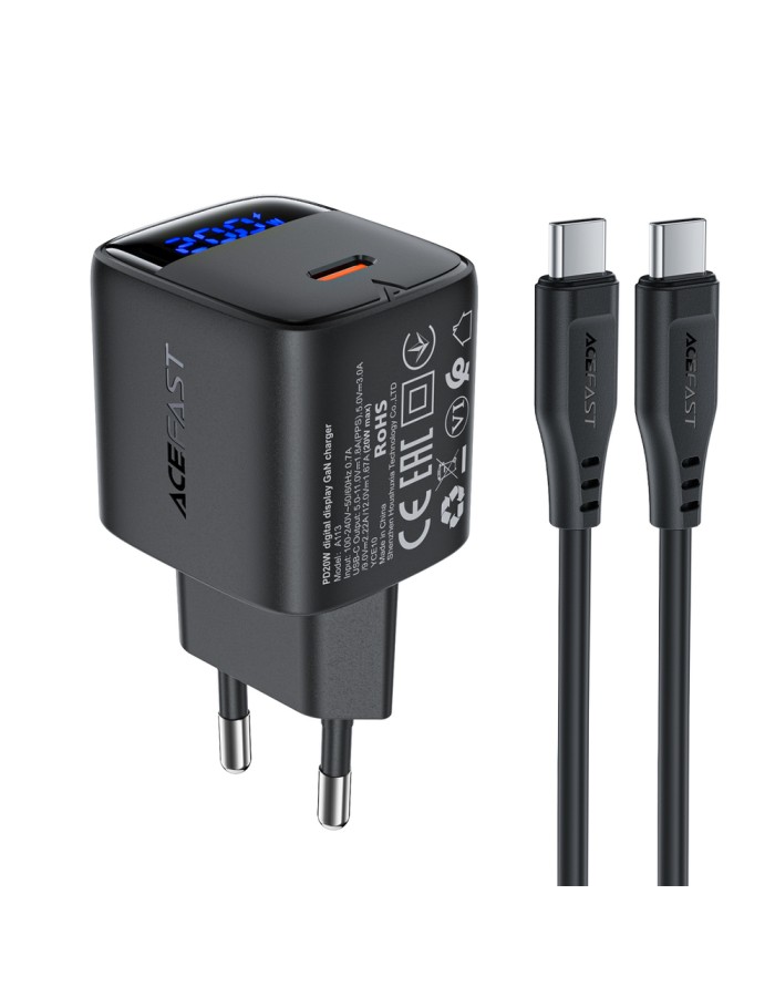 Acefast A113 GaN PD 20W USB-C Wall Charger with Display with USB-C Cable - Black Acefast A113 GaN PD 20W USB-C Wall Charger with Display with USB-C Cable - Black