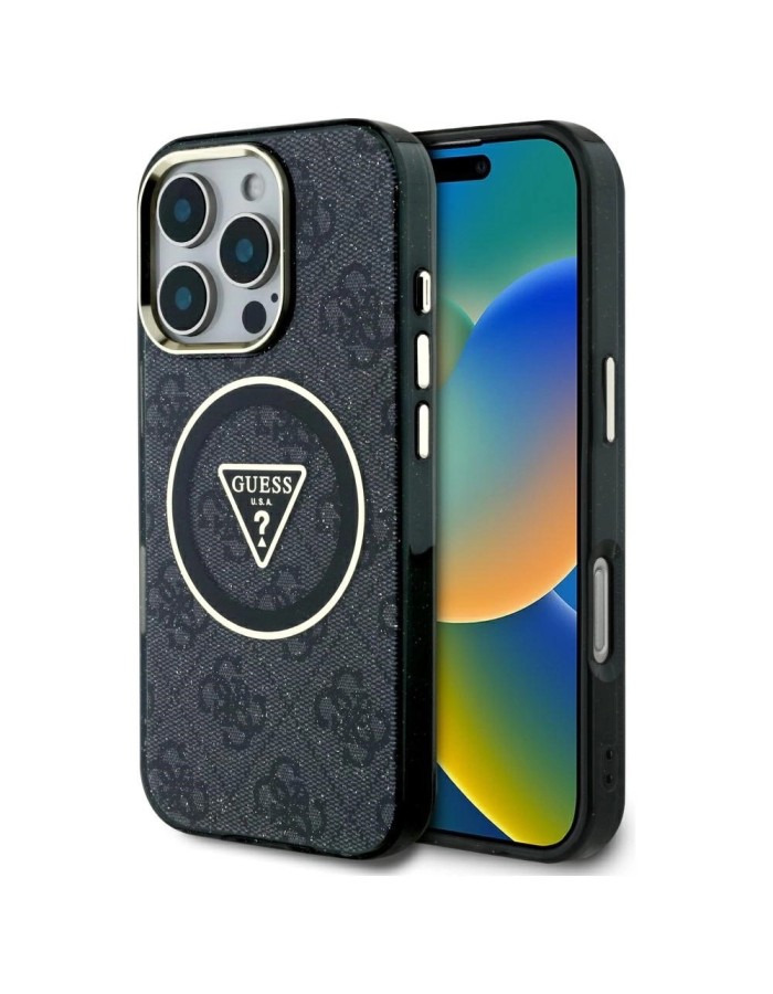 Guess IML Metal Glitter 4G Circle Triangle MagSafe Case for iPhone 16 Pro - Black Guess IML Metal Glitter 4G Circle Triangle MagSafe Case for iPhone 16 Pro - Black