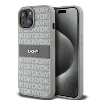 DKNY Leather Mono Stripe &amp;amp; Metal Logo case for iPhone 15 Plus / 14 Plus - beige