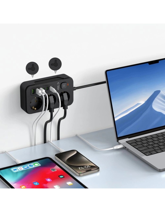 Tech-Protect PC3X6 Power Strip 3 Sockets 240V + 3xUSB-A + 3xUSB-C 200cm - Black Tech-Protect PC3X6 Power Strip 3 Sockets 240V + 3xUSB-A + 3xUSB-C 200cm - Black