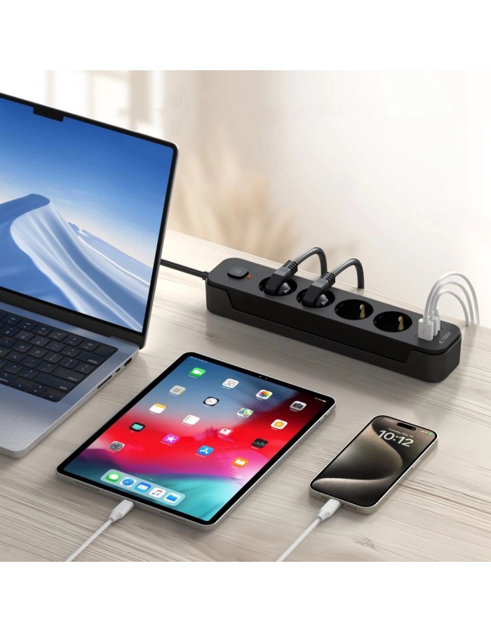 Tech-Protect PCL4X3 Power Strip 4 Sockets 240V + 2xUSB-A + 1xUSB-C 200 cm - Black