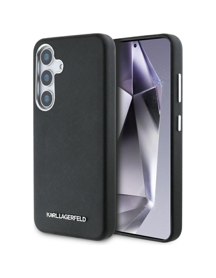 Karl Lagerfeld Saffiano Full Wrapped Elongated Metal Logo MagSafe Case for Samsung Galaxy S25+ - Black