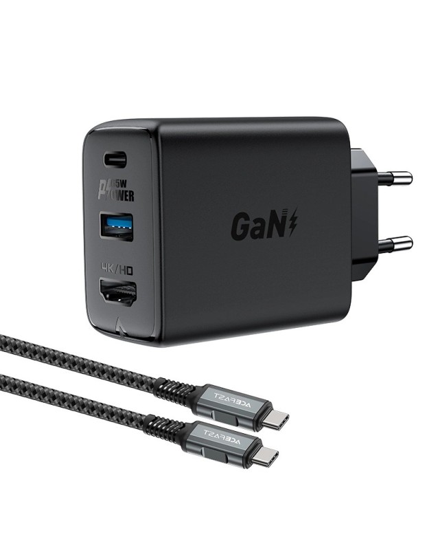 Acefast 2in1 charger GaN 65W USB Type C / USB, adapter HDMI adapter 4K 60Hz (set with cable) black (A17 black) Acefast 2in1 charger GaN 65W USB Type C / USB, adapter HDMI adapter 4K 60Hz (set with cable) black (A17 black)