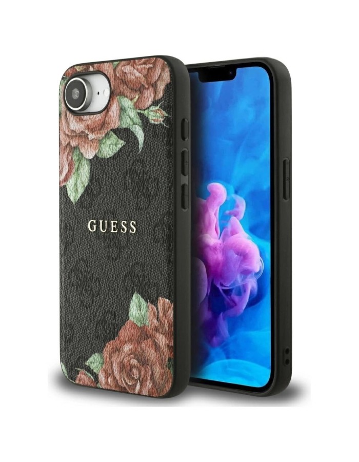 Guess 4G Flowers Print MagSafe case for iPhone 16e - black
