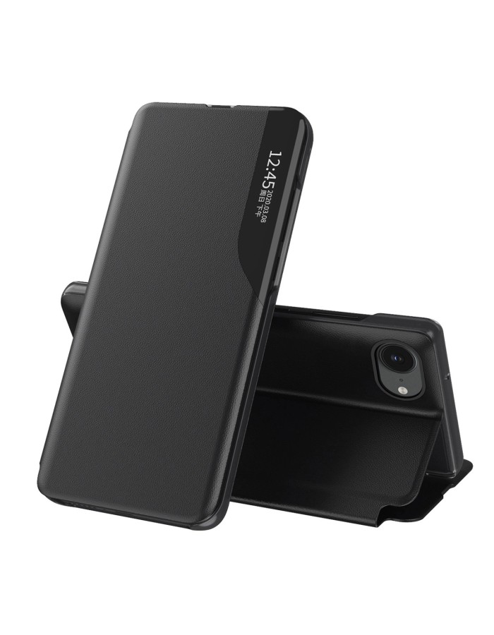 Eco Leather View Case, an elegant case with a flap and stand for iPhone 16e / 17e - black