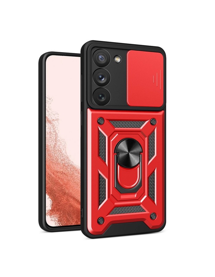 Hybrid Armor Camshield case for Samsung Galaxy S23+ armored cover with camera cover red