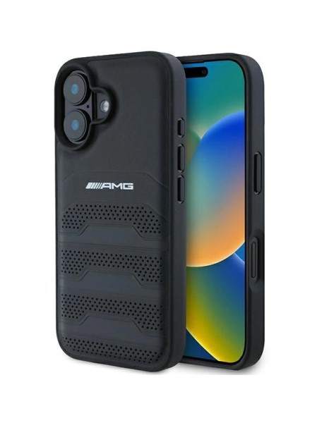 AMG Leather Debossed Lines Black Logo iPhone 16 Case - Black AMG Leather Debossed Lines Black Logo iPhone 16 Case - Black
