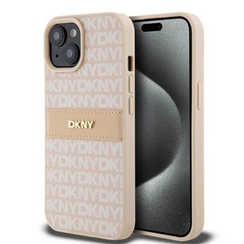 DKNY Leather Mono Stripe &amp;amp; Metal Logo Case for iPhone 15 Plus / 14 Plus - Pink