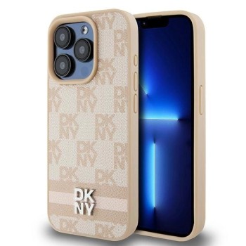 DKNY Leather Checkered Mono Pattern &amp;amp; Printed Stripes case for iPhone 15 Pro Max - pink