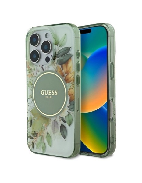 Guess IML Flower & Tonal Circle MagSafe case for iPhone 16 Pro - green Guess IML Flower & Tonal Circle MagSafe case for iPhone 16 Pro - green