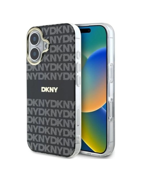 DKNY Repeat Texture Pattern With Stripe iPhone 16 Case - Black