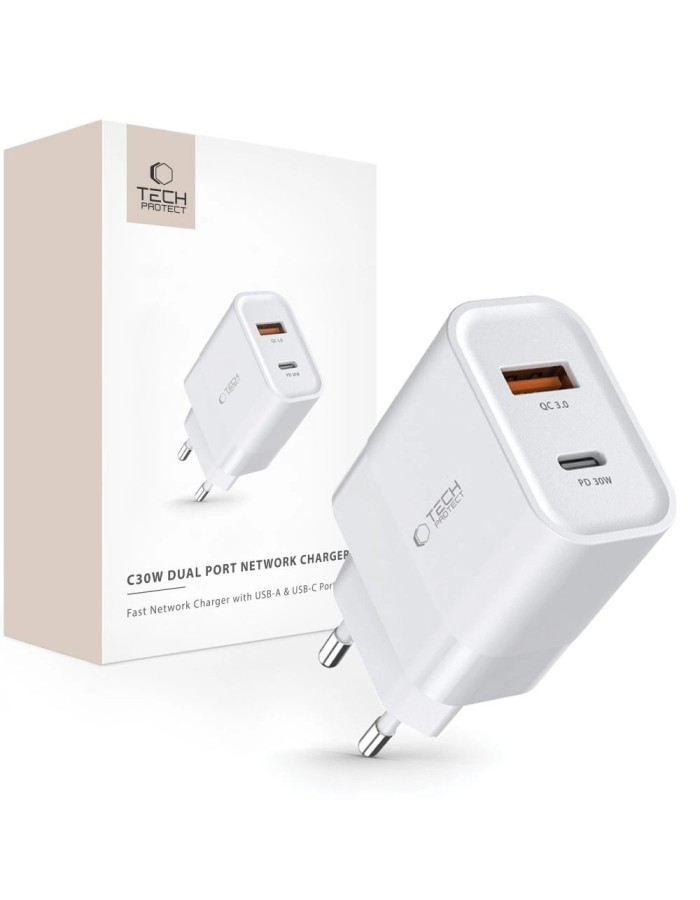 Tech-Protect C30W charger USB-C PD 30W / USB-A QC 3.0 - white