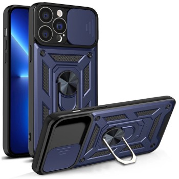 Hybrid Armor Camshield case for iPhone 13 Pro armored case with camera cover blue