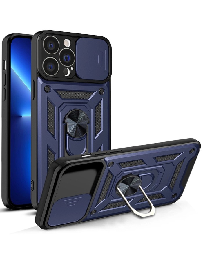 Hybrid Armor Camshield case for iPhone 13 Pro Max armored case with camera cover blue