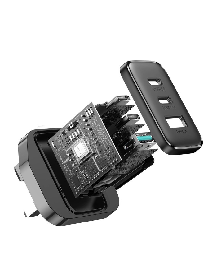 Joyroom JR-TCF10 fast charger 2x USB-C USB-A 32W (UK plug) - black Joyroom JR-TCF10 fast charger 2x USB-C USB-A 32W (UK plug) - black