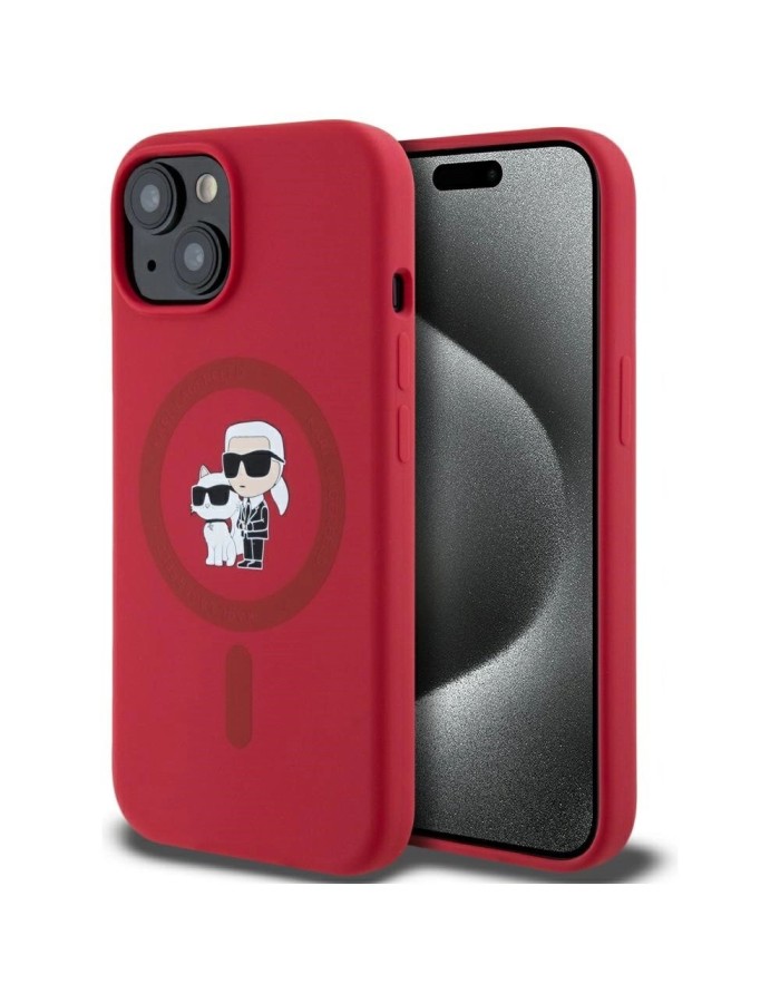 Karl Lagerfeld Silicone Karl&amp;amp;Choupette Heads Ring MagSafe iPhone 15 Case - Red