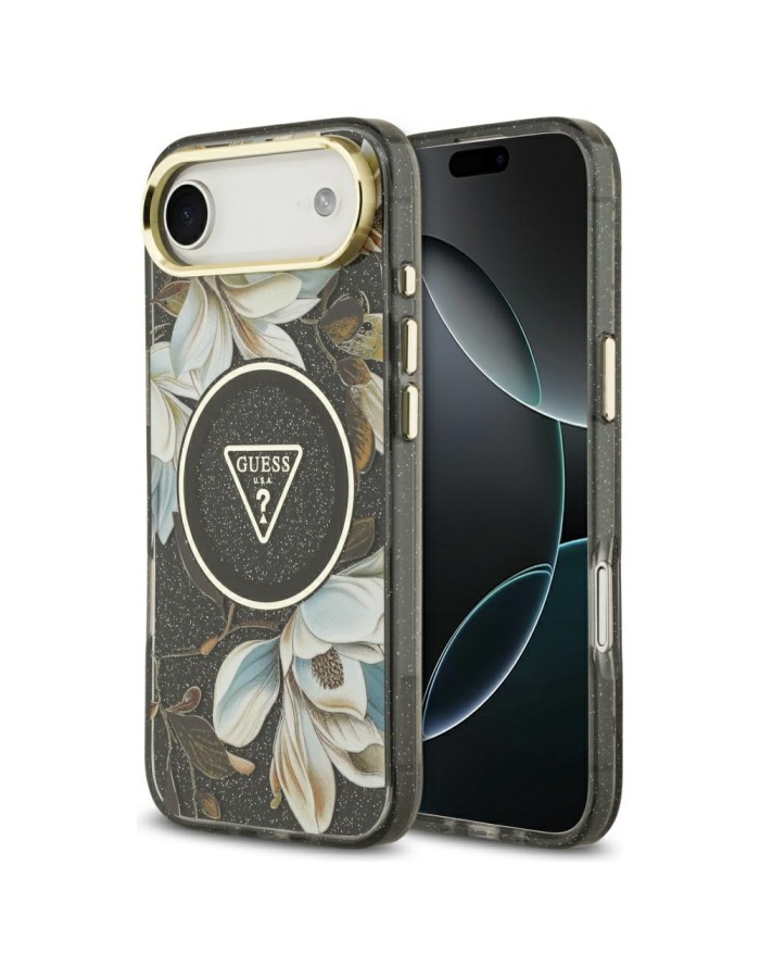 Guess IML Glitter Flowers Triangle MagSafe case for iPhone Air - black Guess IML Glitter Flowers Triangle MagSafe case for iPhone Air - black