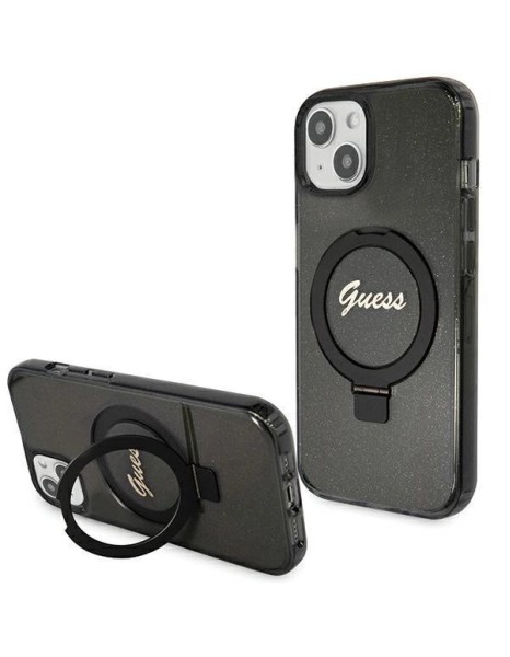 Guess Ring Stand Script Glitter MagSafe case for iPhone 14 / 15 / 13 - black Guess Ring Stand Script Glitter MagSafe case for iPhone 14 / 15 / 13 - black