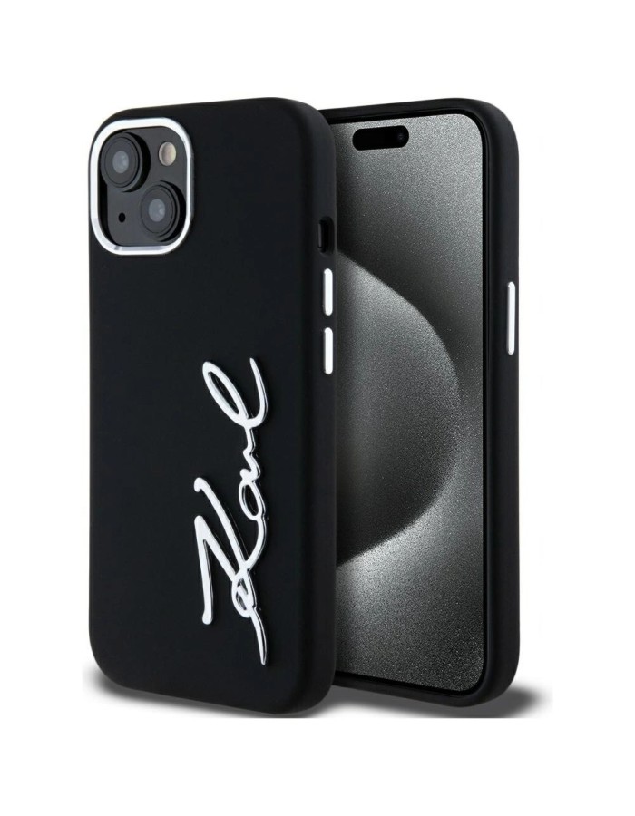 Karl Lagerfeld Silicone Metal Script Logo iPhone 15 Case - Black