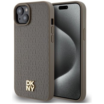 DKNY Leather Pattern Metal Logo MagSafe Case for iPhone 15 Plus / 14 Plus - Brown