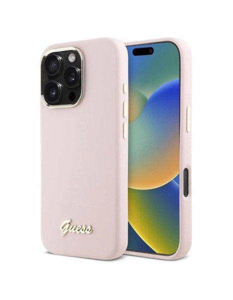Guess Silicone Script Metal Logo & Frame iPhone 16 Pro Case - Pink Guess Silicone Script Metal Logo & Frame iPhone 16 Pro Case - Pink