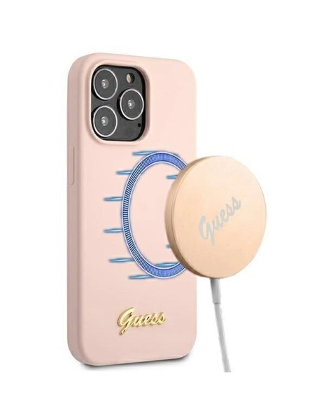 Guess GUHMP13LLSLMGLP iPhone 13 Pro / 13 6.1" light pink/light pink hardcase Silicone Script Gold Logo Magsafe Guess GUHMP13LLSLMGLP iPhone 13 Pro / 13 6.1" light pink/light pink hardcase Silicone Script Gold Logo Magsafe